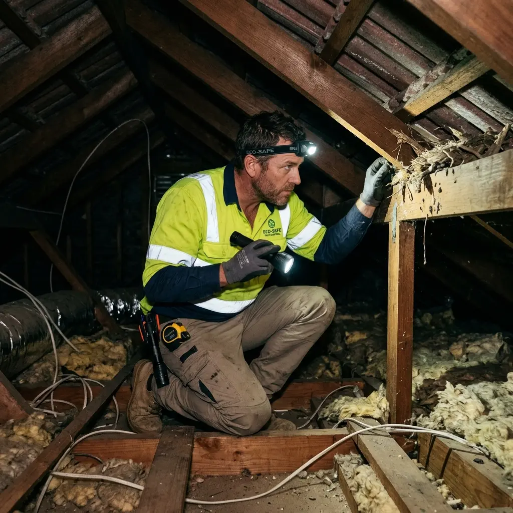 Technician inspecting a roof cavity for a dead animal in Fitzroy