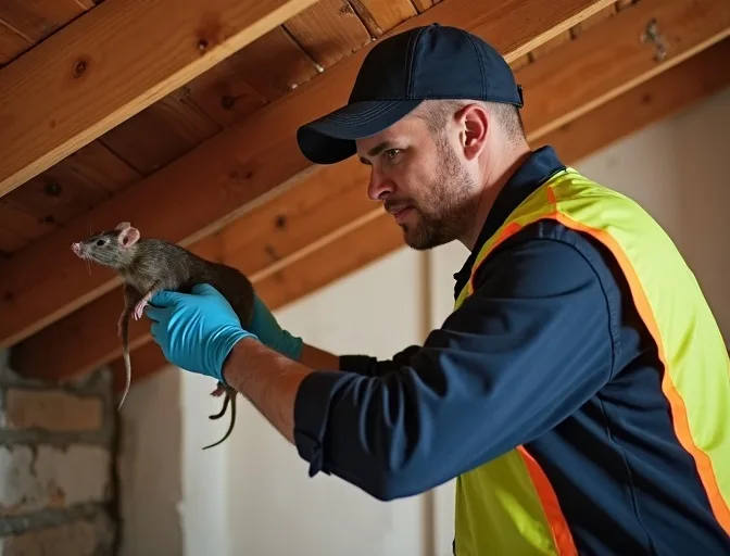 Technician inspecting a roof cavity for a dead rat in Fitzroy